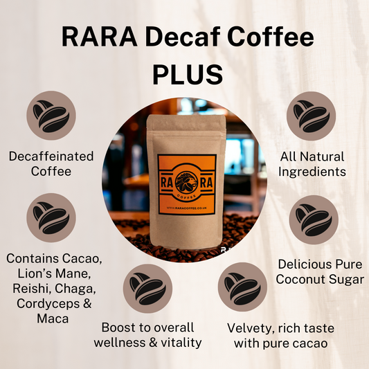 RARA Decaffeinated Coffee PLUS six powerful superfood adaptogens and Pure Coconut Sugar